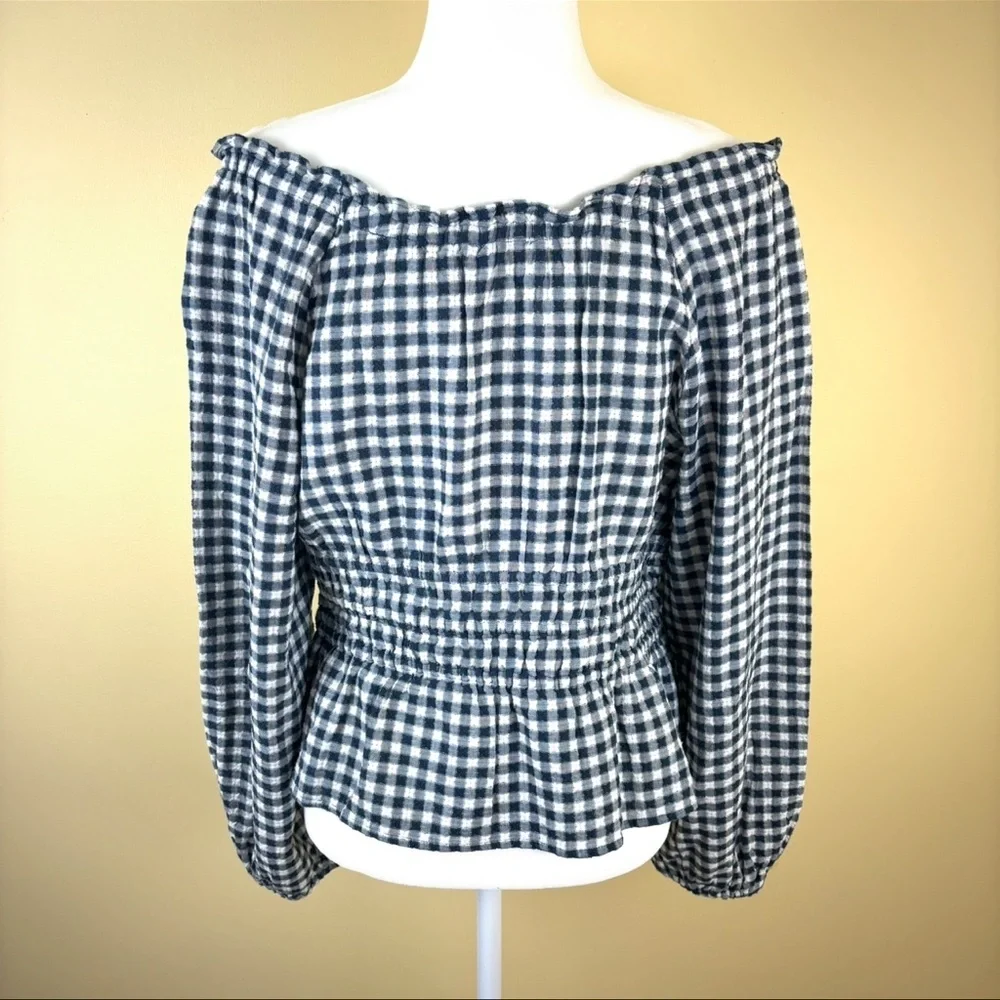 Madewell Black and White Gingham Smocked Peplum Blouse